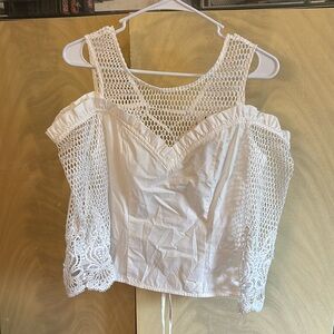 White Lace Off-Shoulder Crochet Sleeve Women's Top